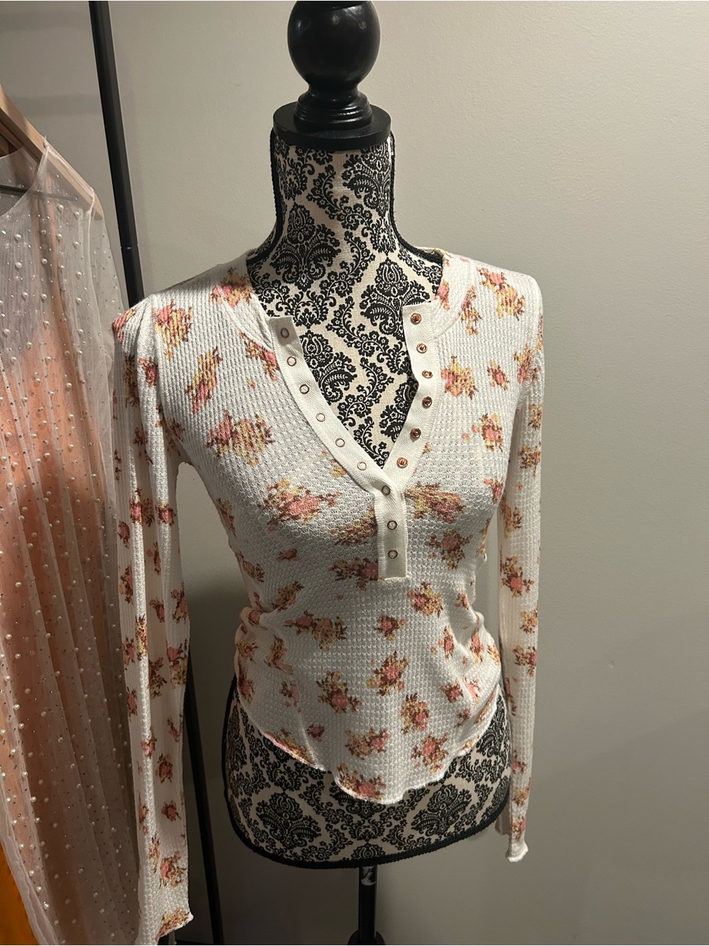 Floral Waffle-Knit Henley Long Sleeve Top - White with Pink Floral